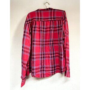 Kensie Jeans Womens XL Button Front Long Sleeve Red Plaid Ruffle Shirt Top Rayon